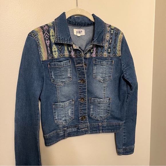 JOLT Womens Denim Jean Jacket Size S Short Style Stretch Panel Design Aztec EUC - Picture 6 of 9